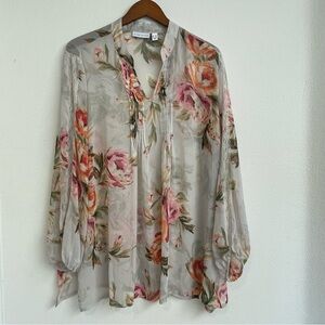 Susan Graver Tunic Top‎ Womens 1X Sheer Chiffon Cream Pink Long Sleeve V-Neck